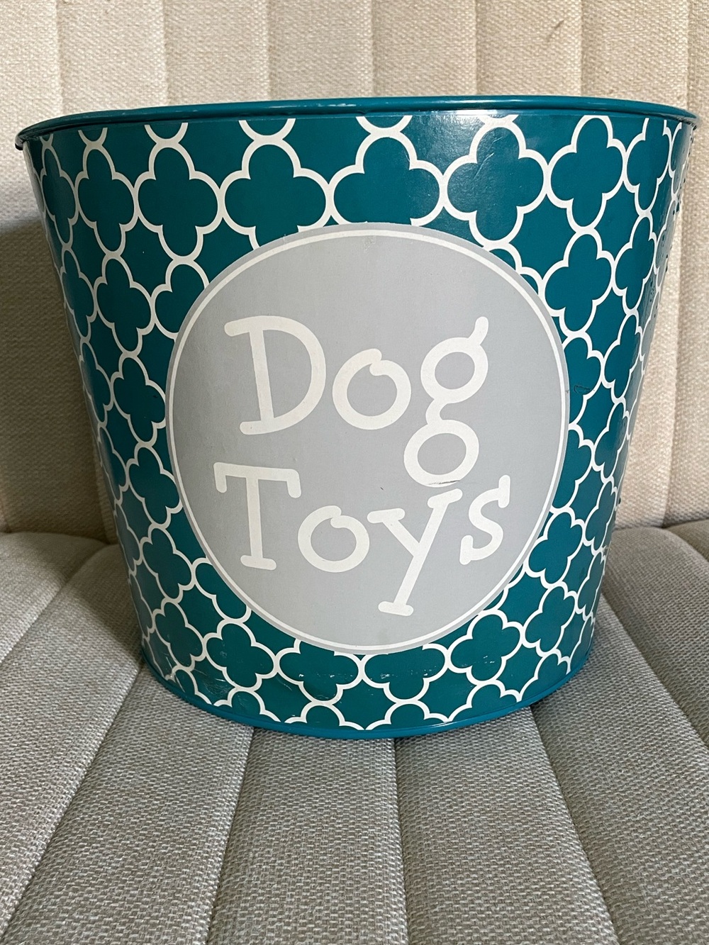 Dog Toys tin, teal, 9.5” tall and 11” wide